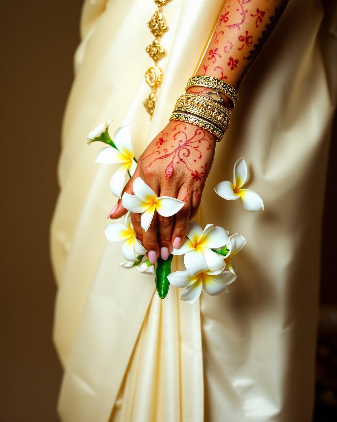Sri Lankan bride hands with traditional gold jewelry and frangipani