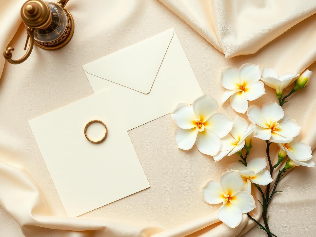 Elegant Sri Lankan wedding stationery with gold ring and frangipani