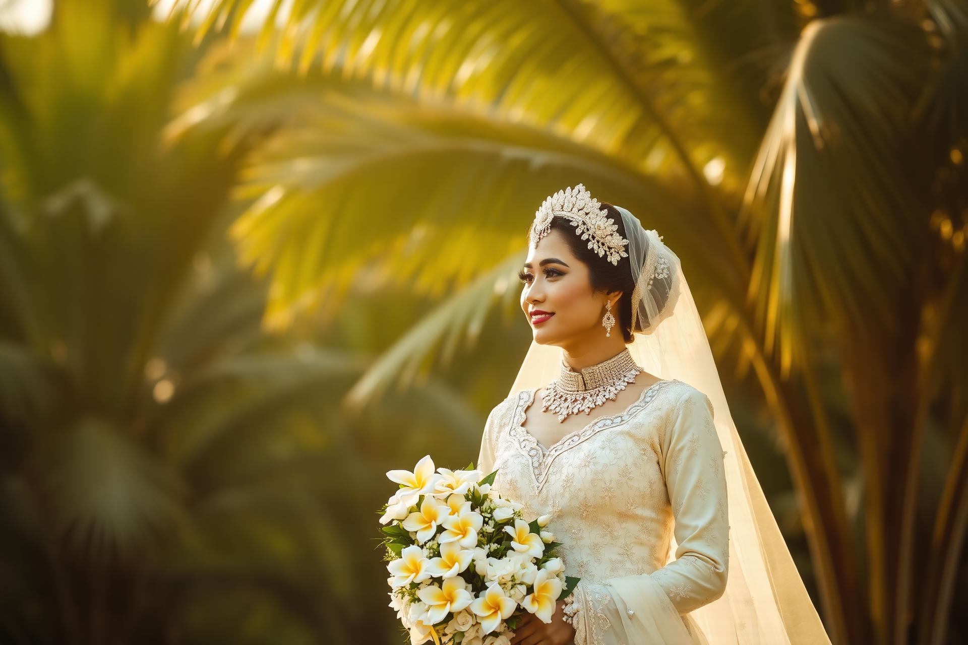 Sri Lankan bride in traditional attire holding frangipani bouquet
